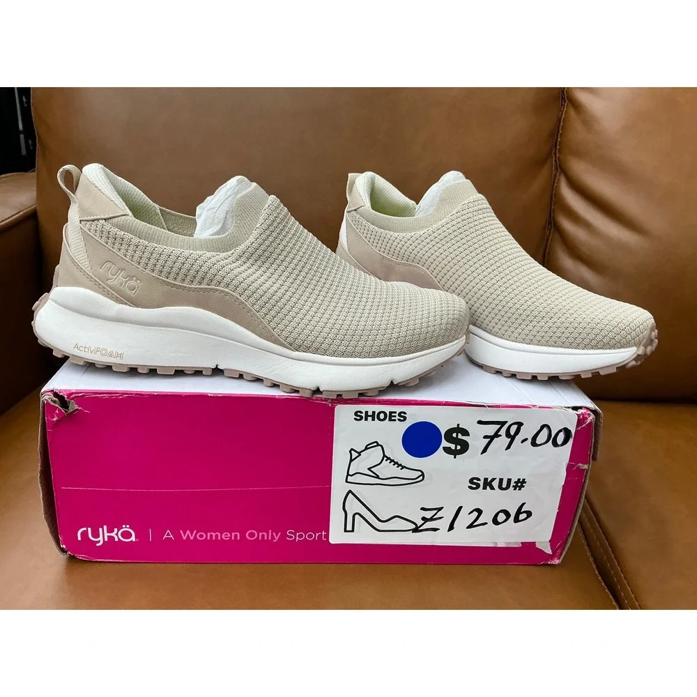 Ryka Jumpstart Sneakers Womens 8.5M Taupe New Washable Stretch Knit Slip-On